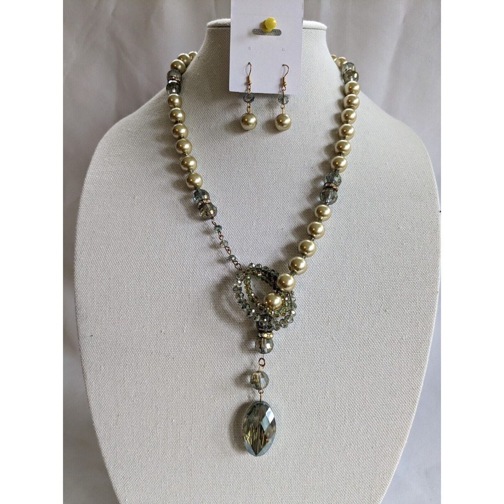 Flapper necklace and earrings vintage Faux Pearl, grey glass & Rhinestone beads